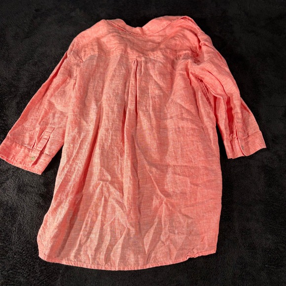 Chicos Women's Size 1 Linen Top Salmon Coral 3/4 Sleeve Button Down‎ Tunic - Picture 7 of 8